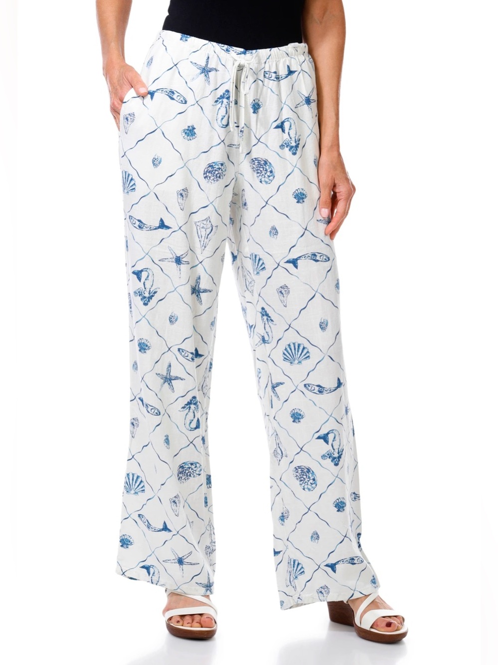 Cali 1850 Printed Linen Pull-On Pants Blue Nautical Seashell-Print Size Large